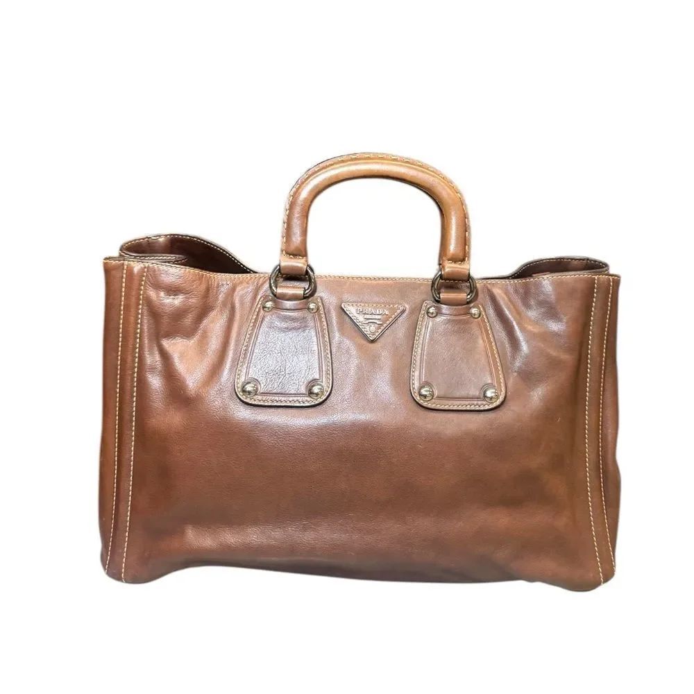 PRADA Nocciolo Brown Soft Calfskin Leather Large Satchel Tote Bag Auth